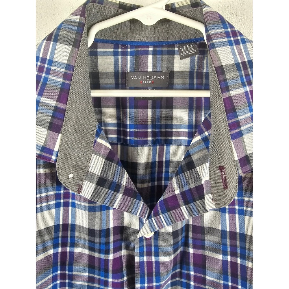 Van Heusen Flex Plaid Button Down Shirt L/G 16–16.5 Blue Purple Long Sleeve - Picture 1 of 3